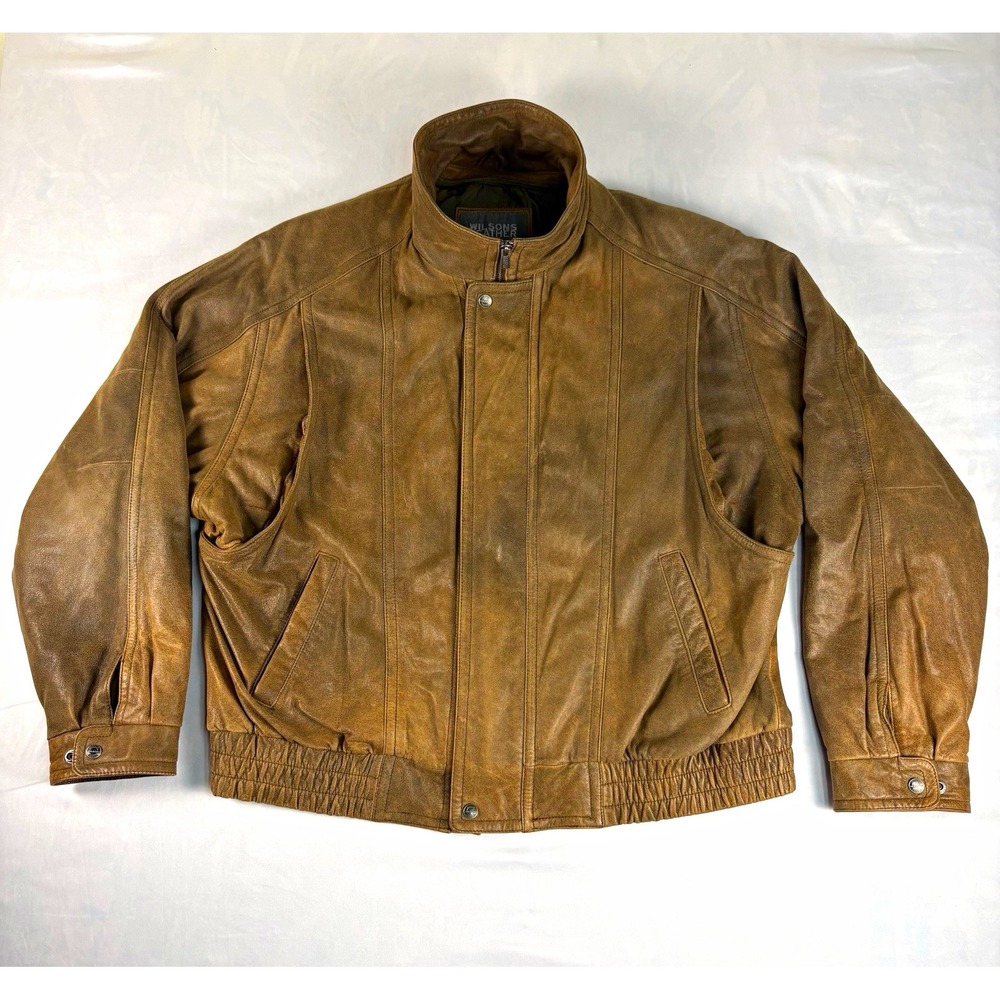 Vintage Wilsons Men's Brown Leather Bomber Jacket Full Zip Lined Pockets XXL 53"